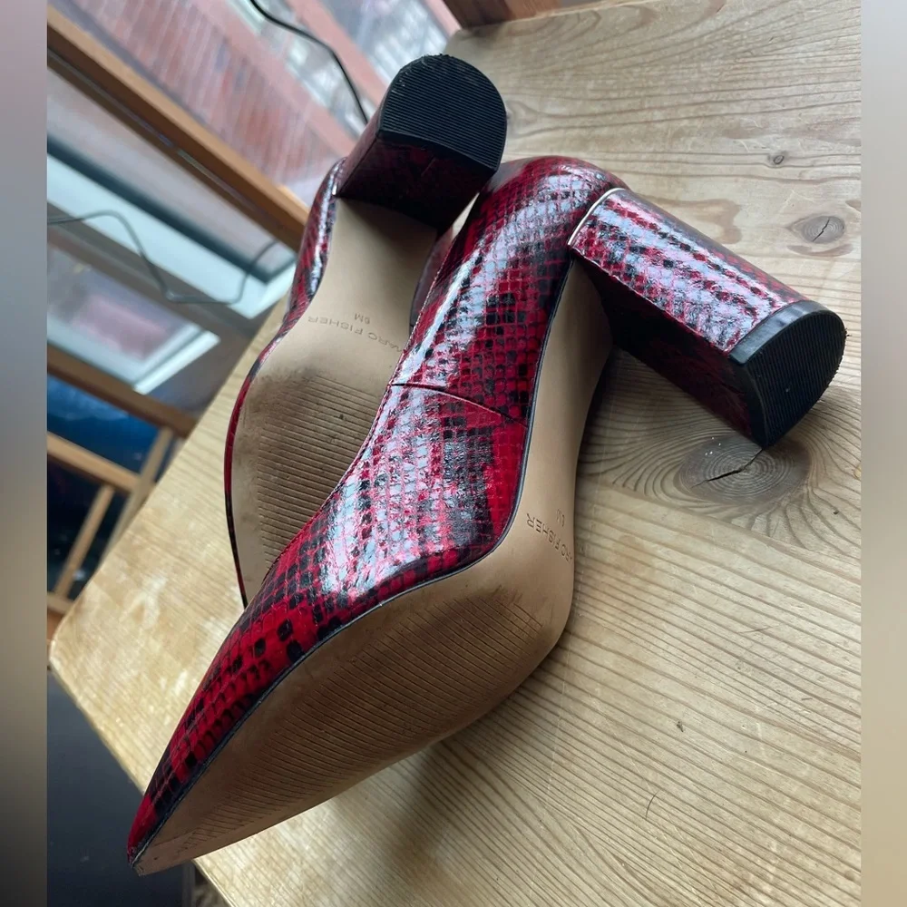 Marc Fisher Red Snakeskin Viviene Block Heel Pumps - Picture 14 of 16